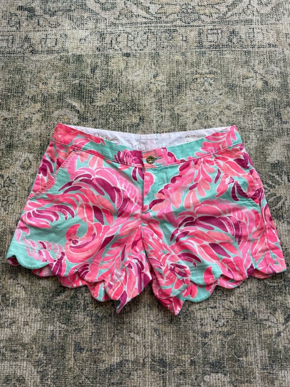 Lily Pulitzer The Buttercup Shorts Floral Scallop Hem Pink and Teal Size 2